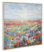 Multicolor abstract landscape wall art in wood-tone frame, landscape orientation