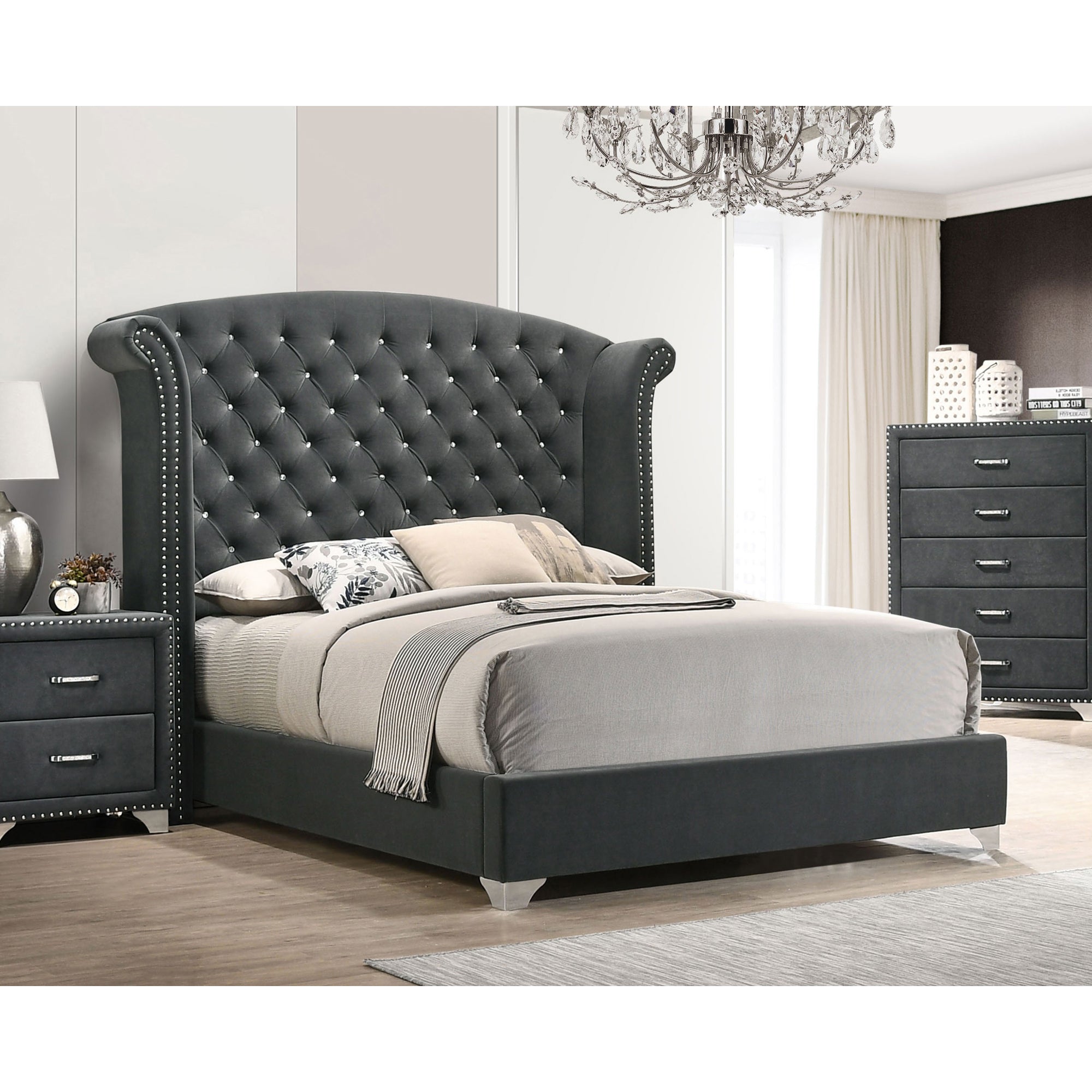 Chantel Grey Upholstered Wingback Eastern King Bed | Stylish & Modern