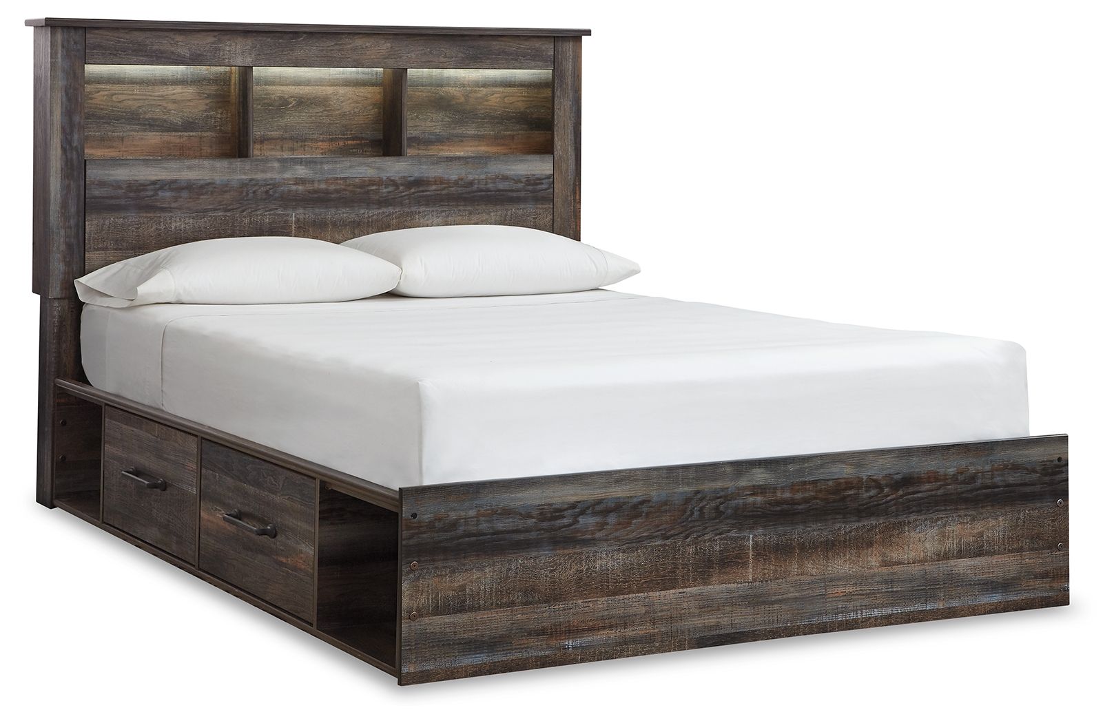 Panel bookcase bed with dark wood frame, open shelf headboard, and two front drawers
