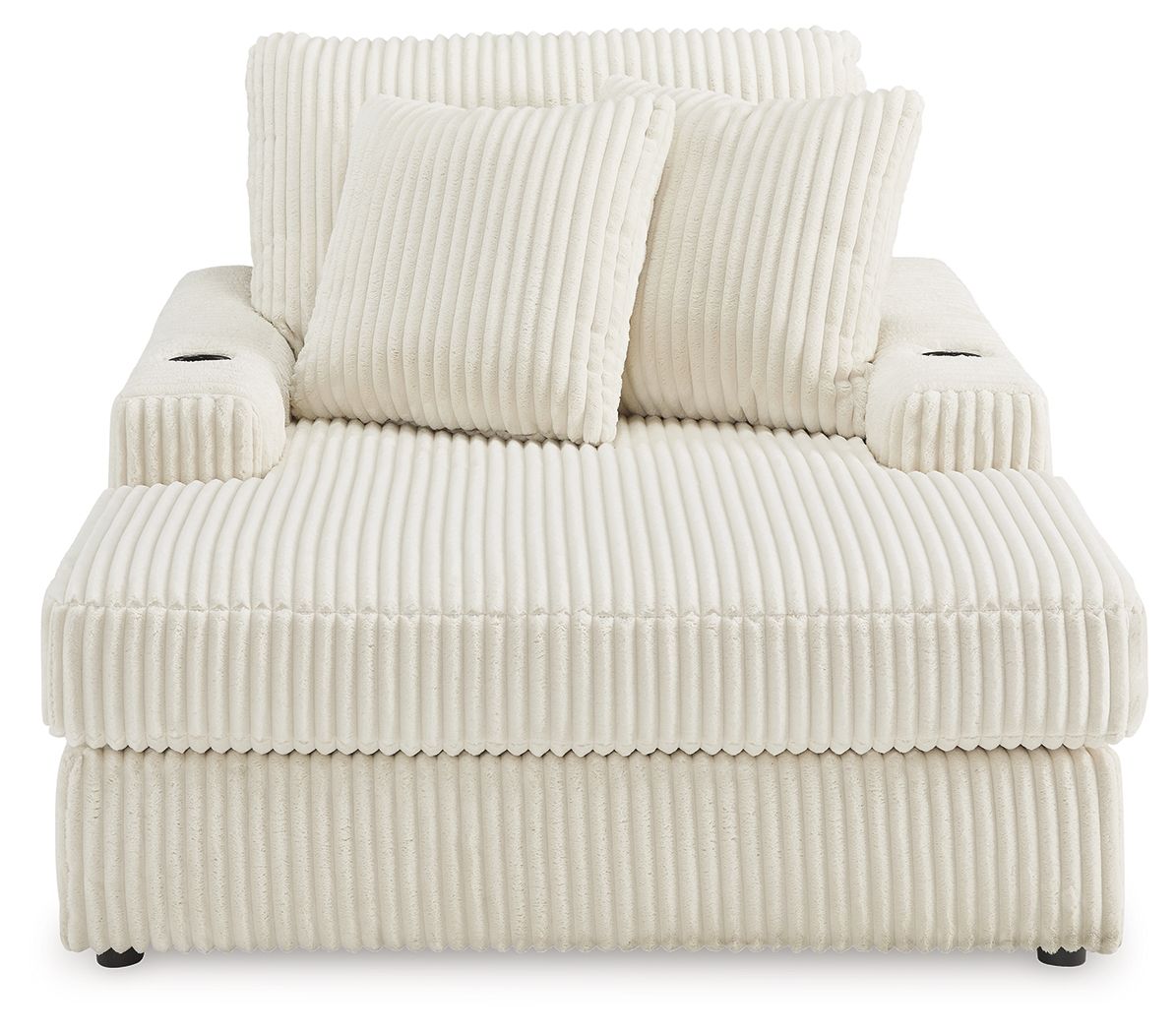 Corduroy chaise lounge chair in off-white with thick seat cushion and two side arms.