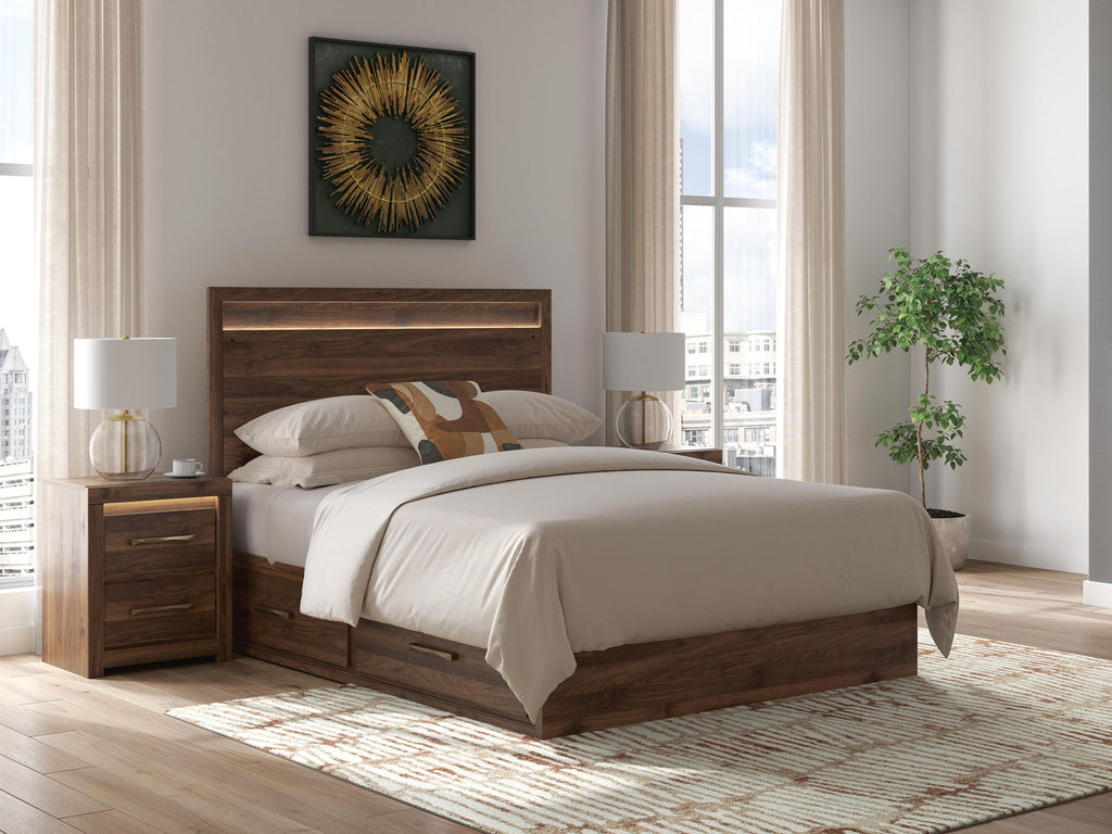 Light brown panel storage bed with two under-bed drawers and white bedding