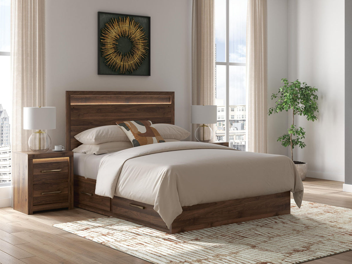 Light brown panel storage bed with two under-bed drawers and white bedding