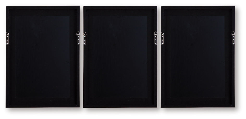 Set of three black framed wall art backs with hanging loops