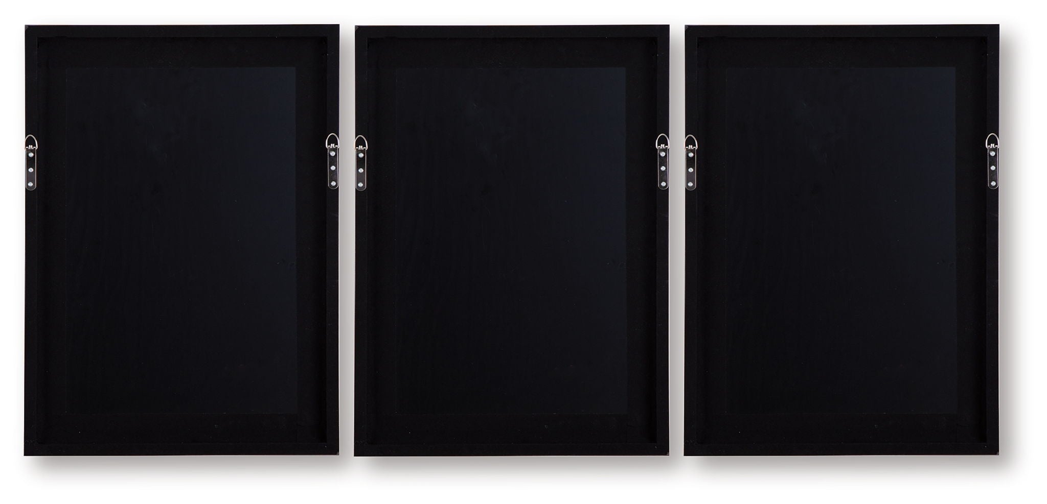 Set of three black framed wall art backs with hanging loops