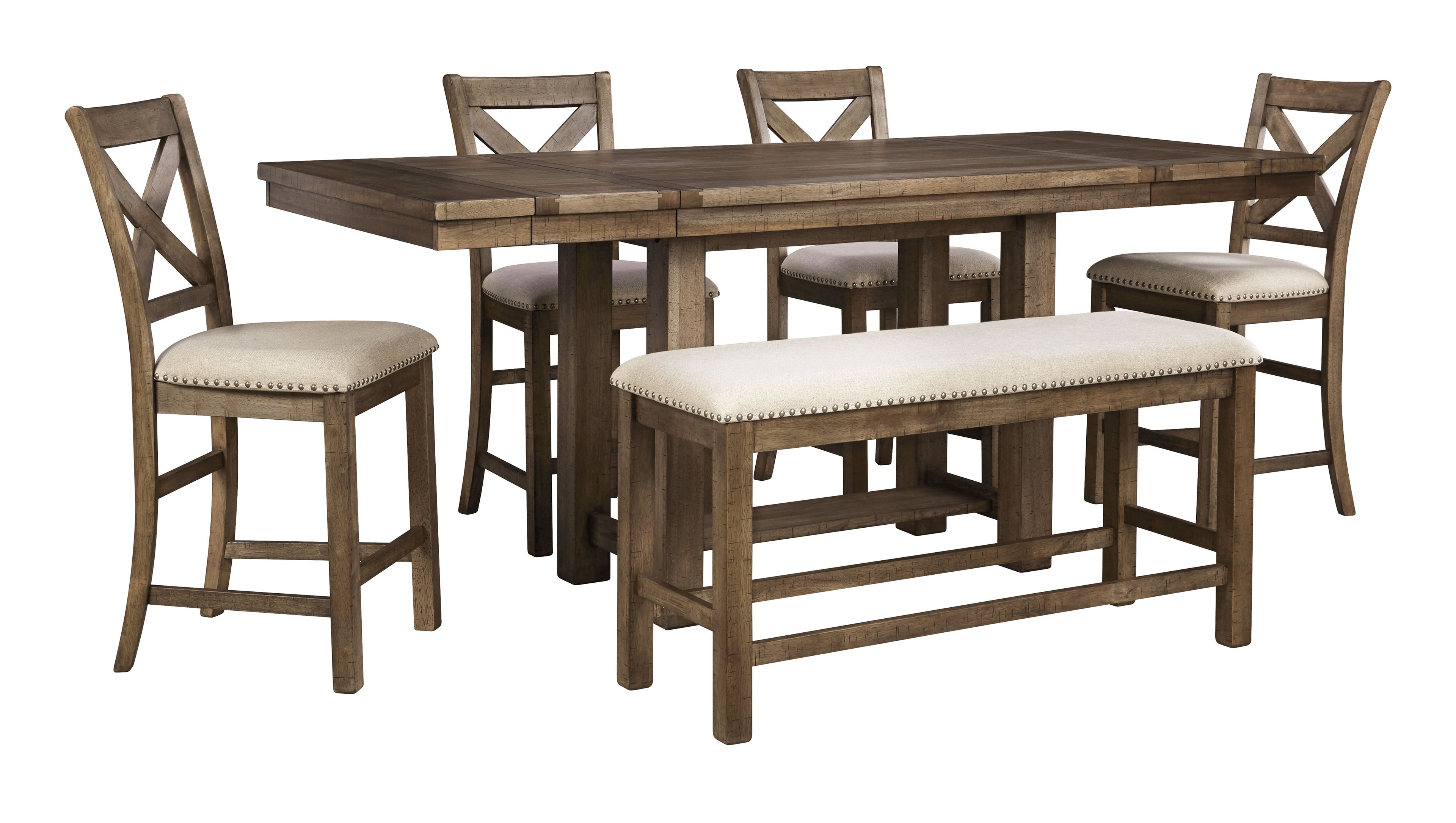 Rectangular dining extension table with grayish brown plank top, benches and chairs