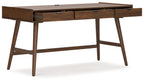 Brown home office desk with two drawers and tapered wooden legs