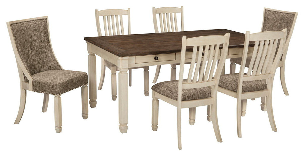 Dining table set: rectangular dining table with four light wood chairs and beige seats