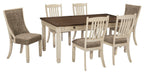 Dining table set: rectangular dining table with four light wood chairs and beige seats