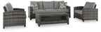 Gray wicker outdoor sofa set with two armchairs and rectangular coffee table