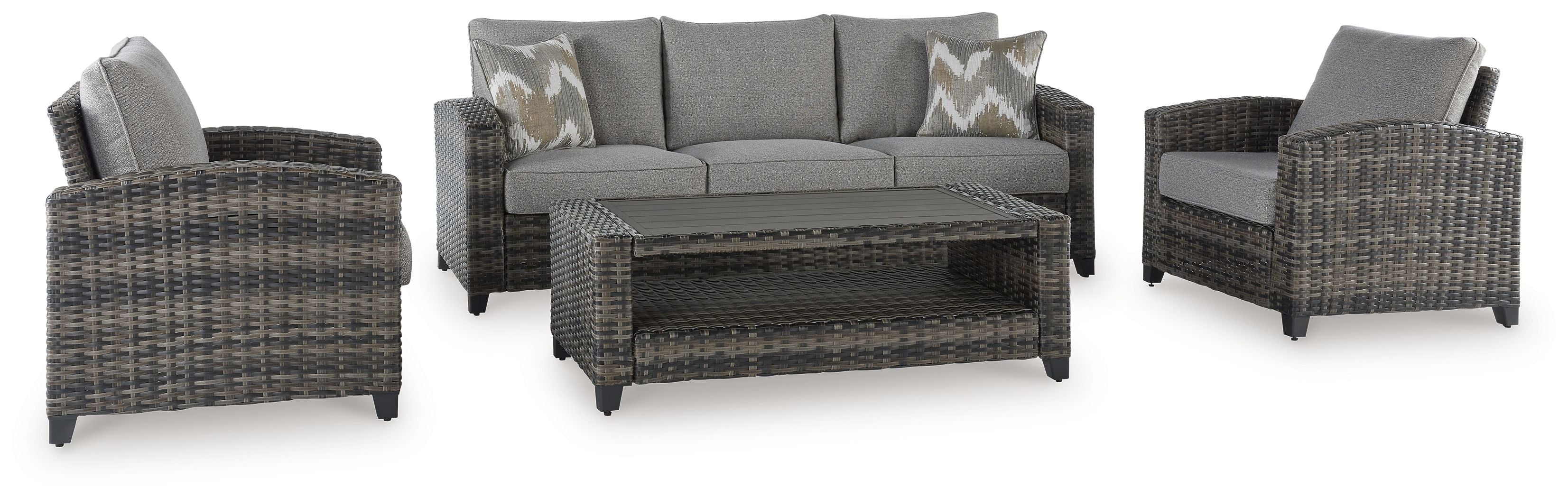 Gray wicker outdoor sofa set with two armchairs and rectangular coffee table