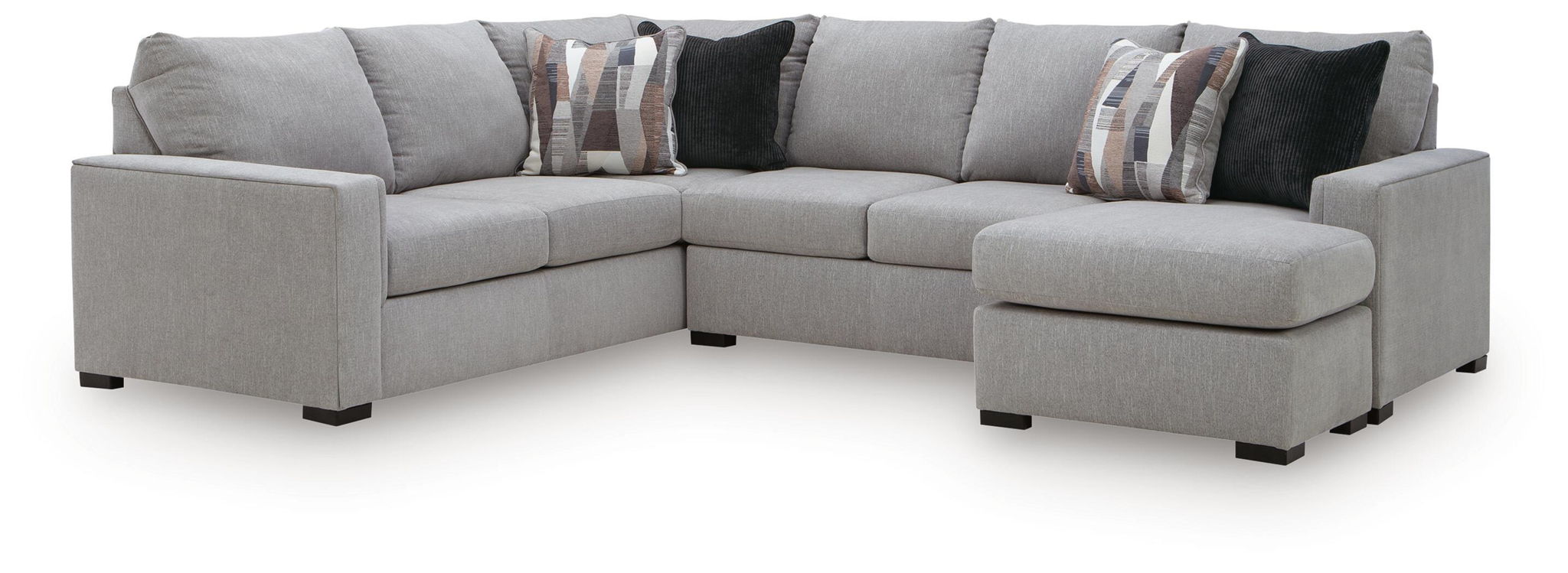 Light gray sectional sofa with right-arm facing chaise and cushioned seat