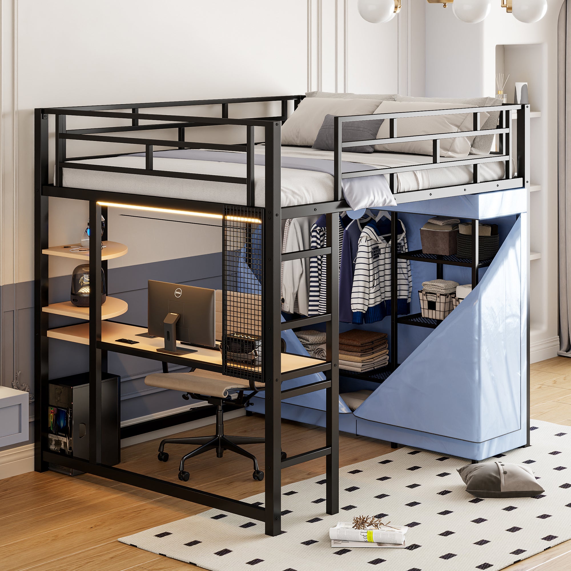Full Size Loft Metal Bed: Desk, Shelves, Wardrobe, LED & Power Outlet