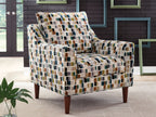 Multicolor patterned accent chair angled view, padded arms and seat, wood legs.