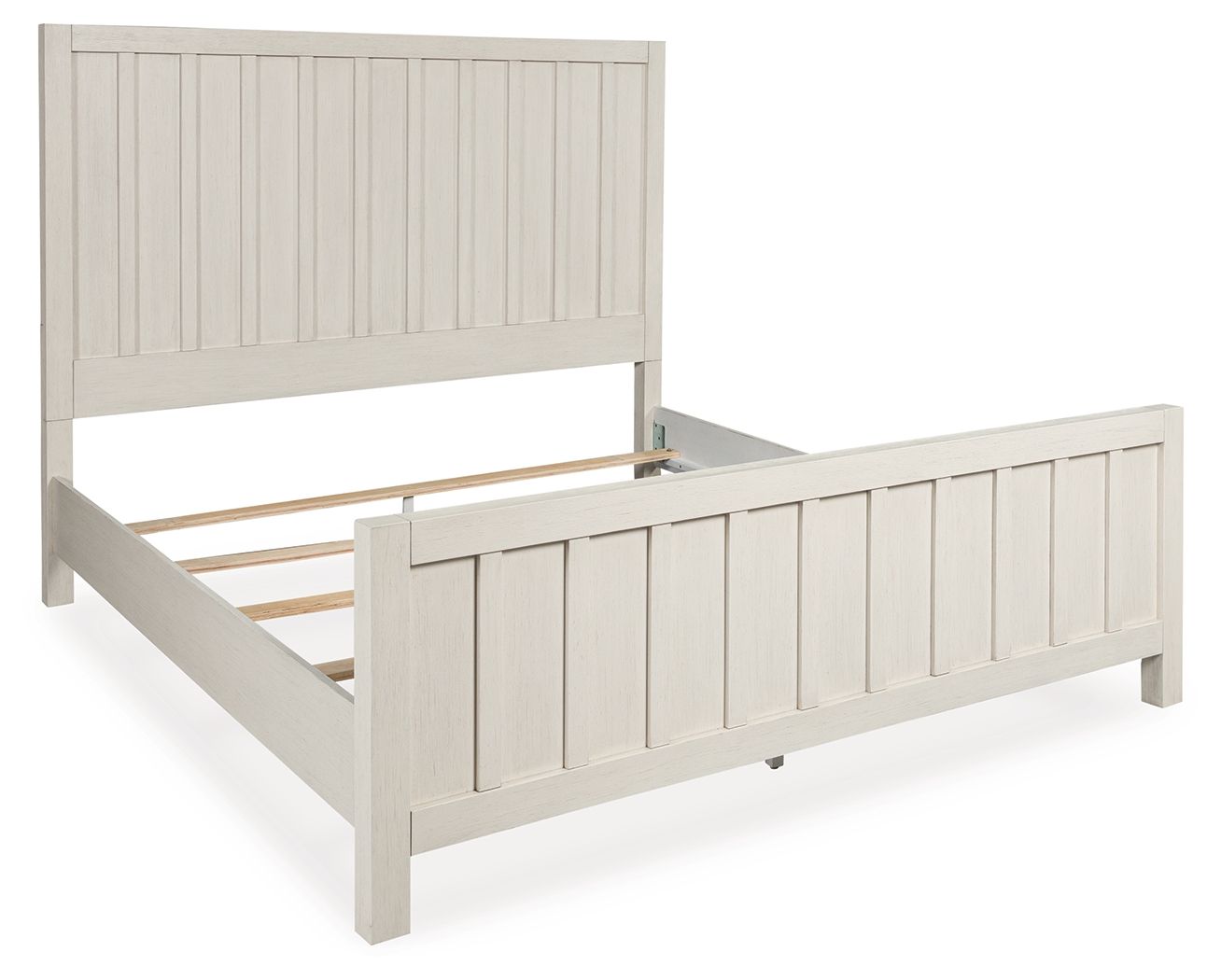 White panel bed with vertical slat headboard and side rails, low-profile frame