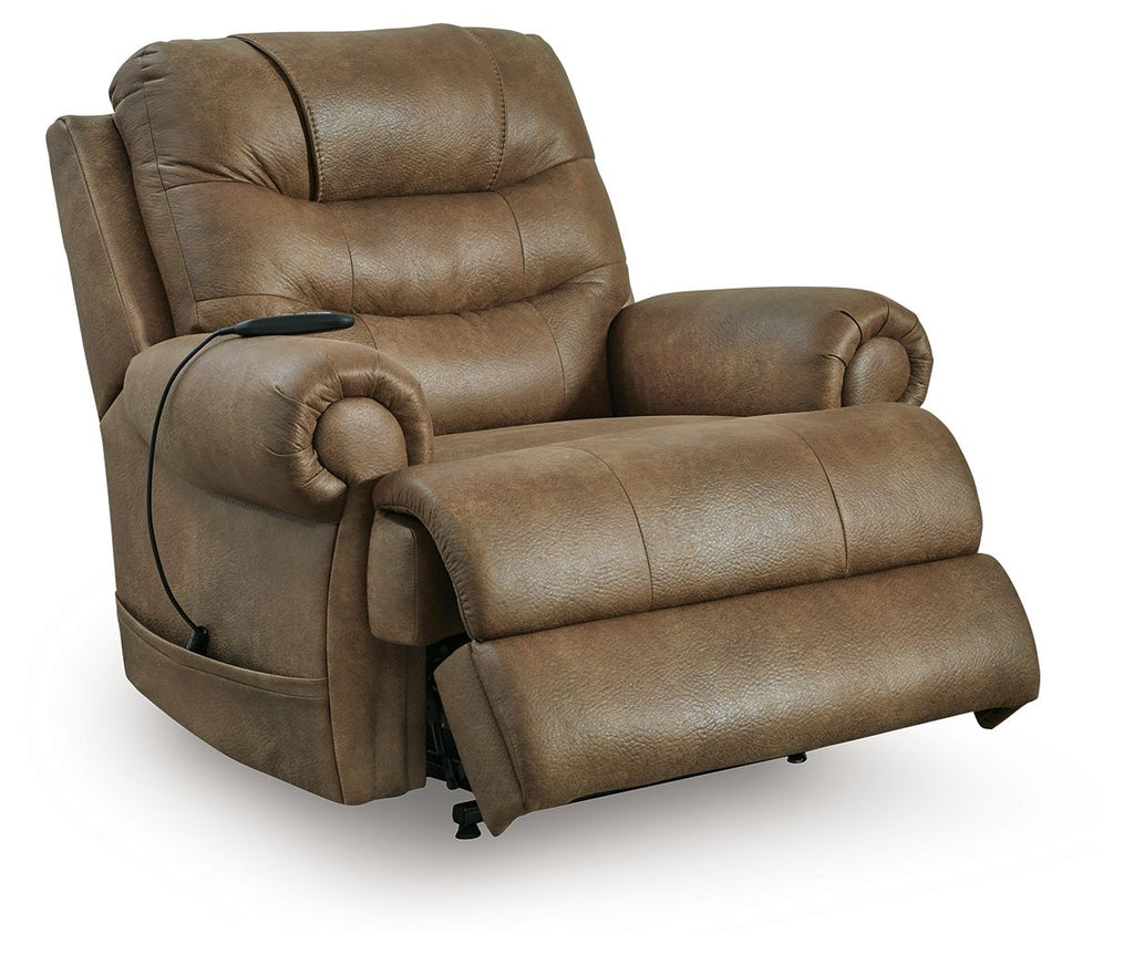 Light tan leather-look power lift recliner with padded headrest and cushioned seat
