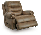 Light tan leather-look power lift recliner with padded headrest and cushioned seat