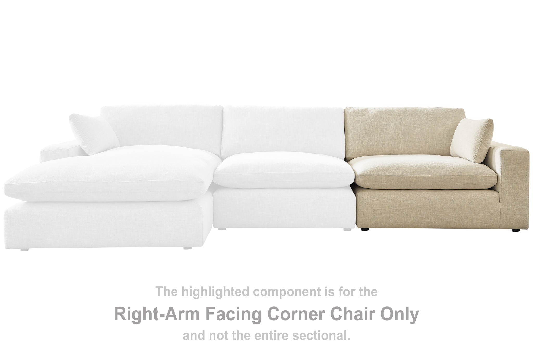 Beige linen corner sofa section with wide arm and cushioned backrest