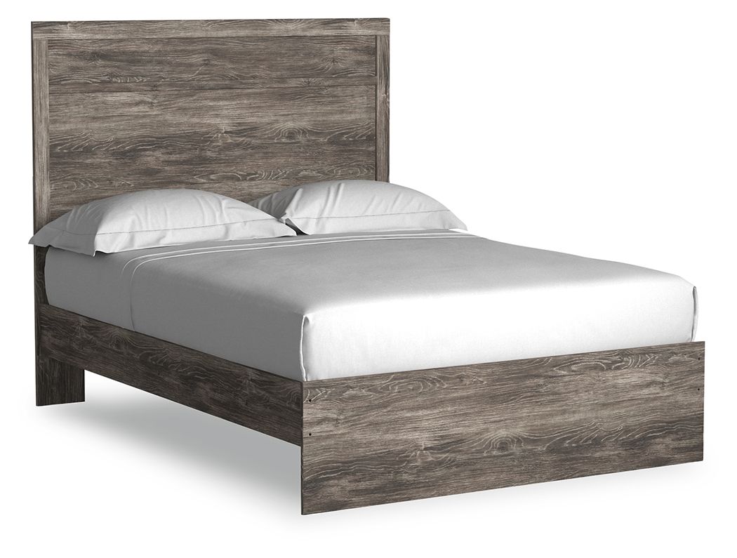Dark gray wood-look panel bed with white mattress and light gray pillows