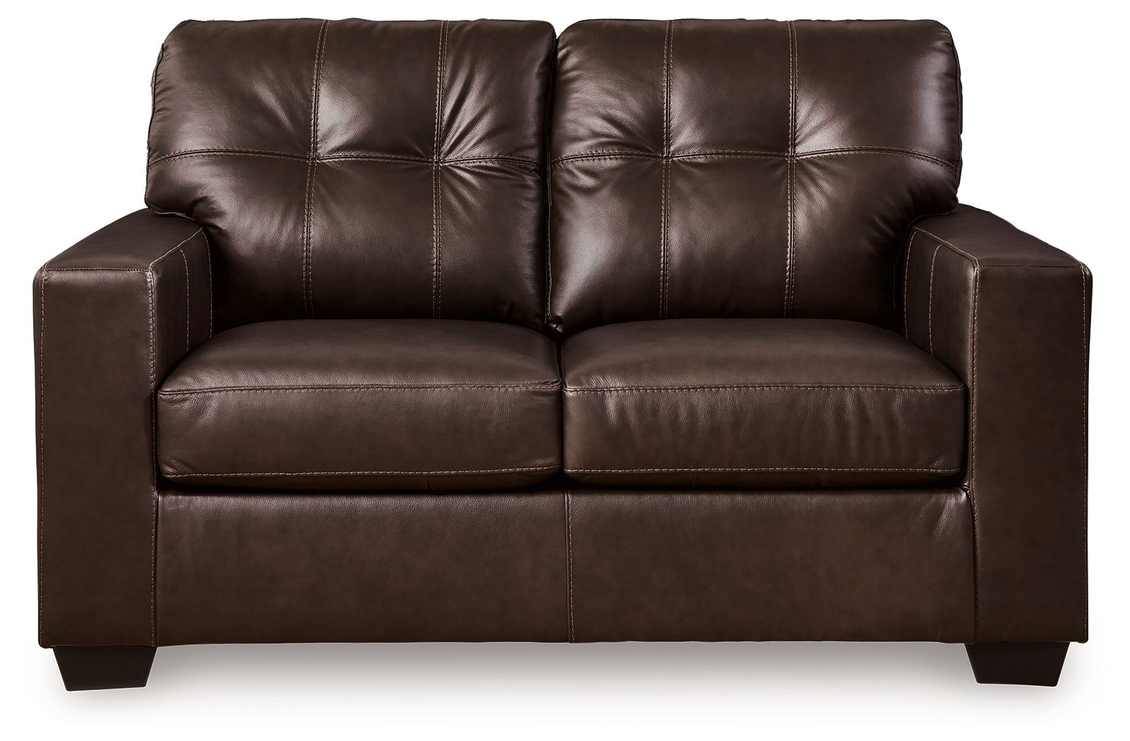 Dark brown leather-look loveseat with tufted back and two padded seat sections, squared arms