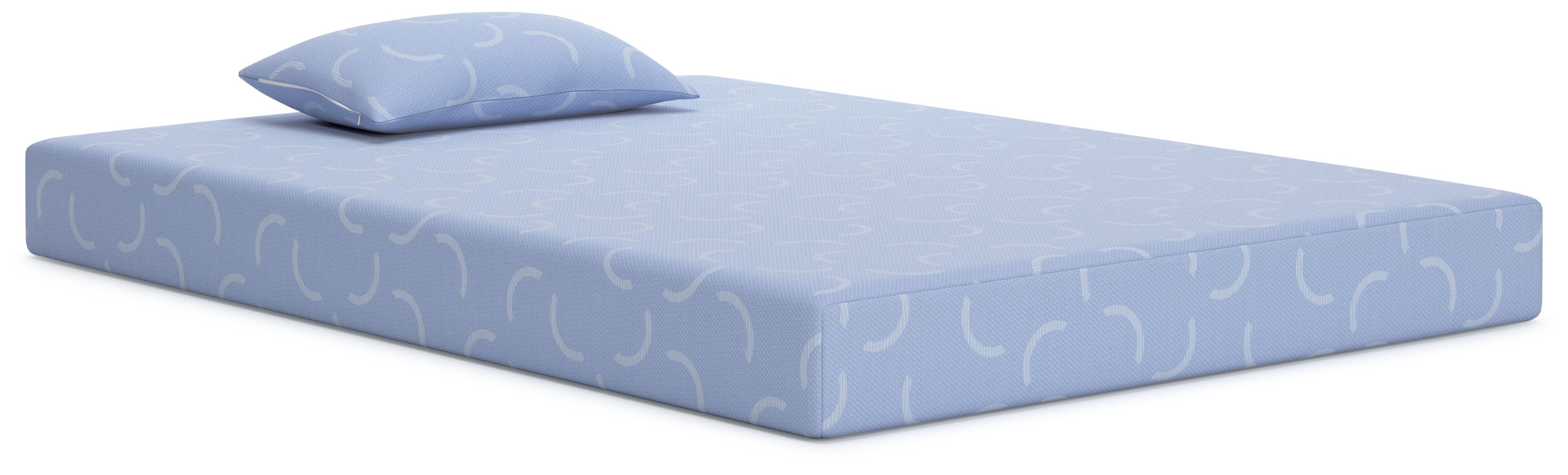 Blue kids mattress set with matching pillow, curved wavy pattern cover