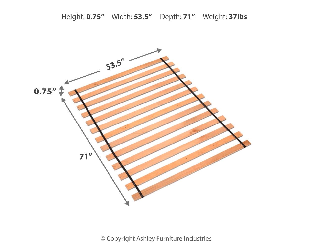 Brown wooden slat platform: 53.5 in W, 71 in D, 0.75 in H