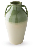 Green and beige glazed vase with two side handles and rounded body