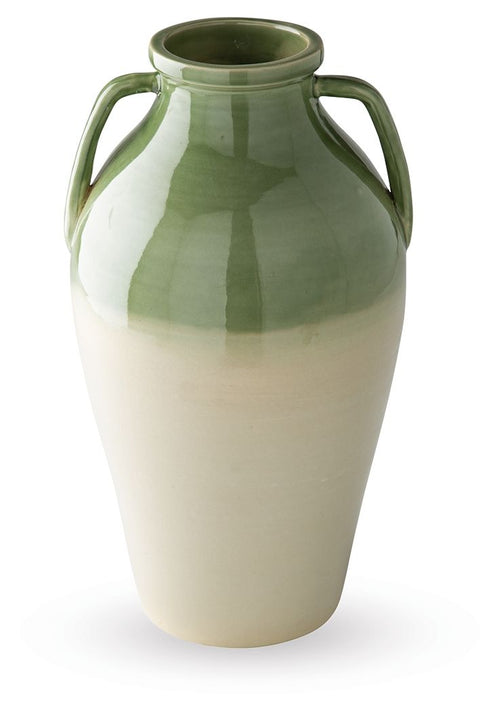 Green and beige glazed vase with two side handles and rounded body