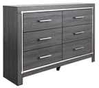 Gray dresser with mirror, six drawers, chrome bar pulls, silver border trim