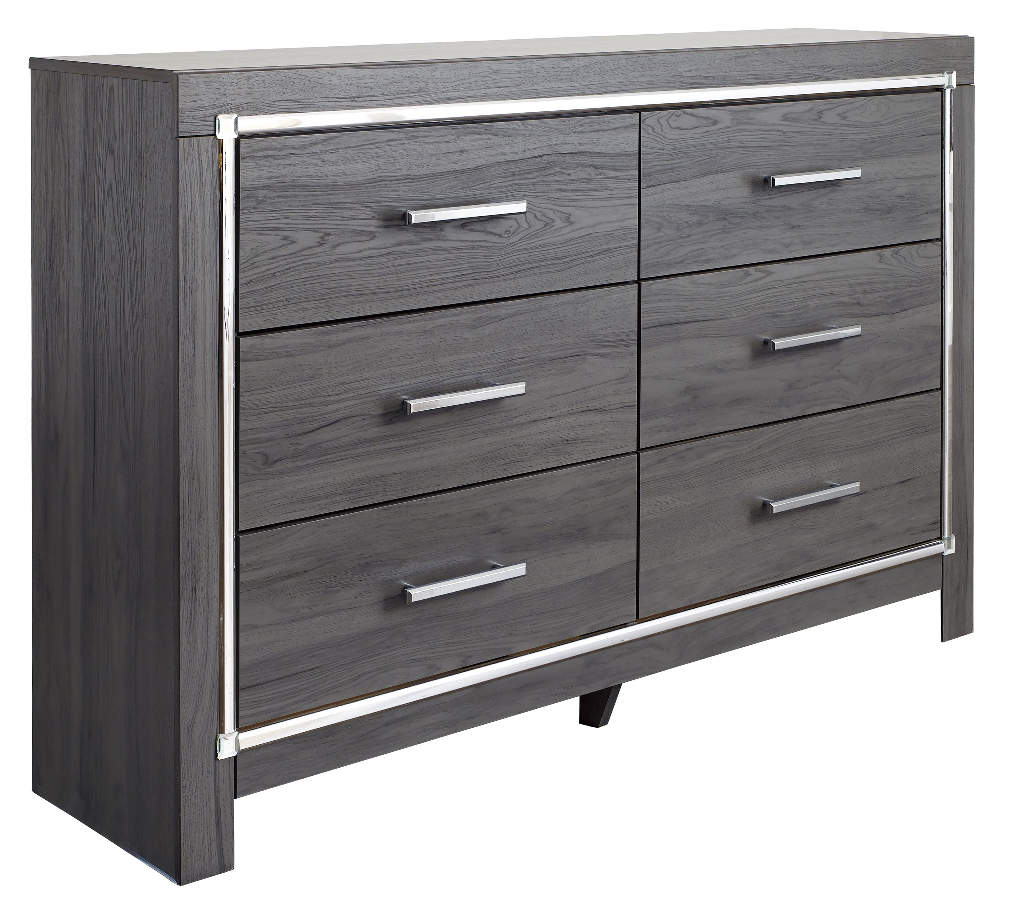 Gray dresser with mirror, six drawers, chrome bar pulls, silver border trim