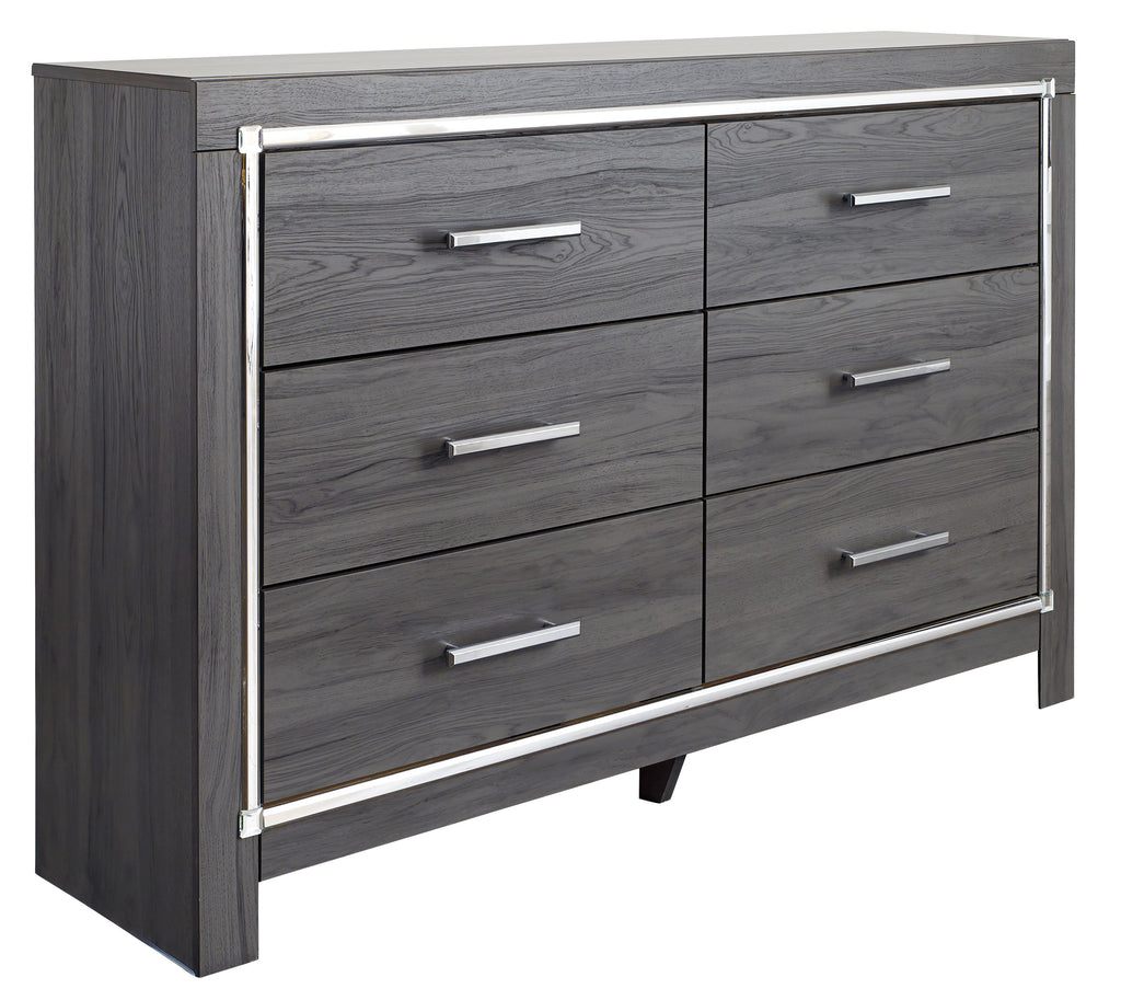 Gray dresser with six drawers and chrome bar pulls