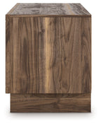 Dark brown wood TV stand corner with visible grain and open base panel