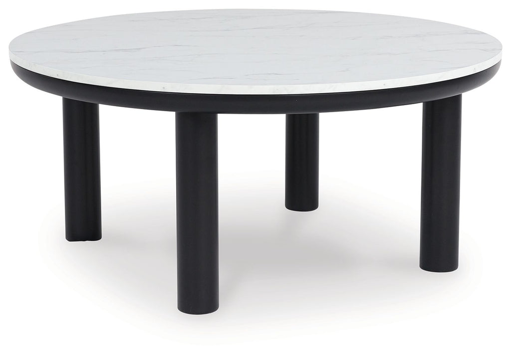 Round occasional side table with white marble-look top and black legs