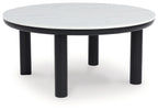 Round occasional side table with white marble-look top and black legs