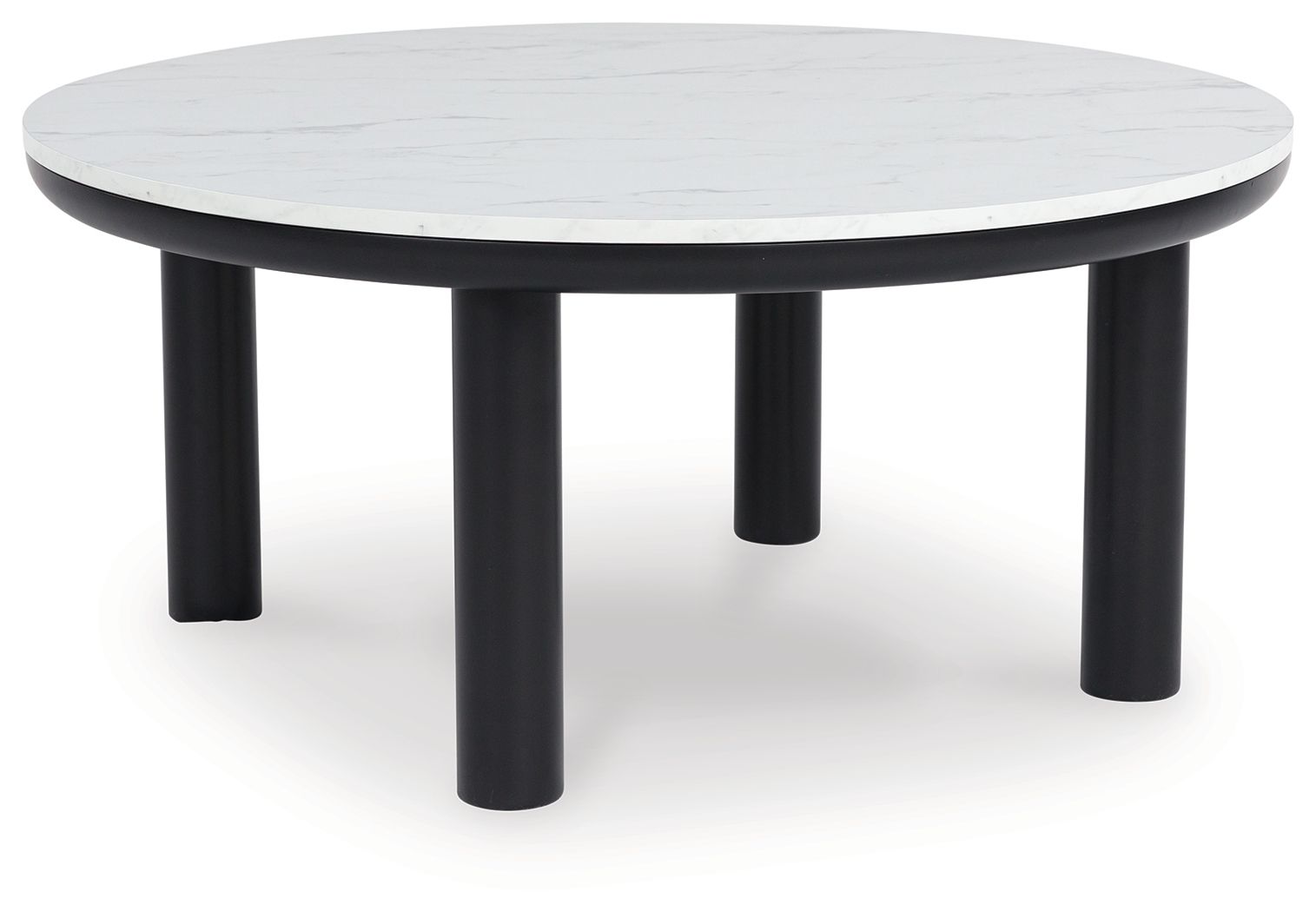 Round occasional side table with white marble-look top and black legs