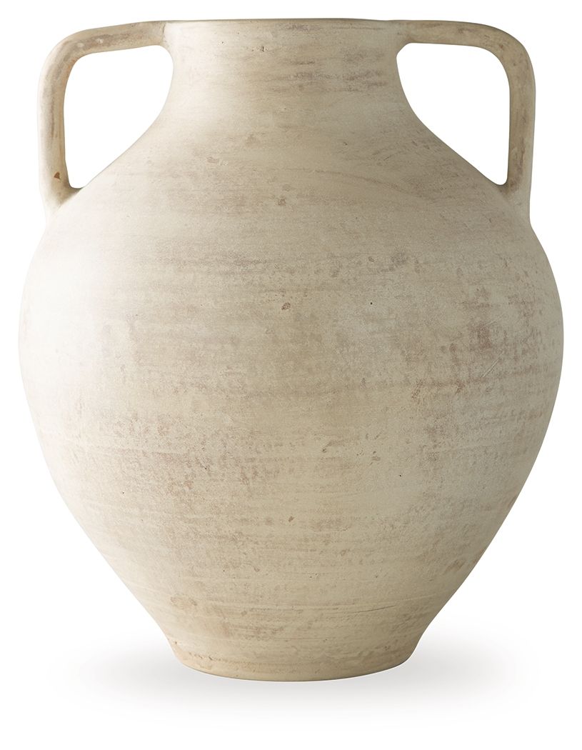 Beige ceramic vase with two side handles and wide shoulders