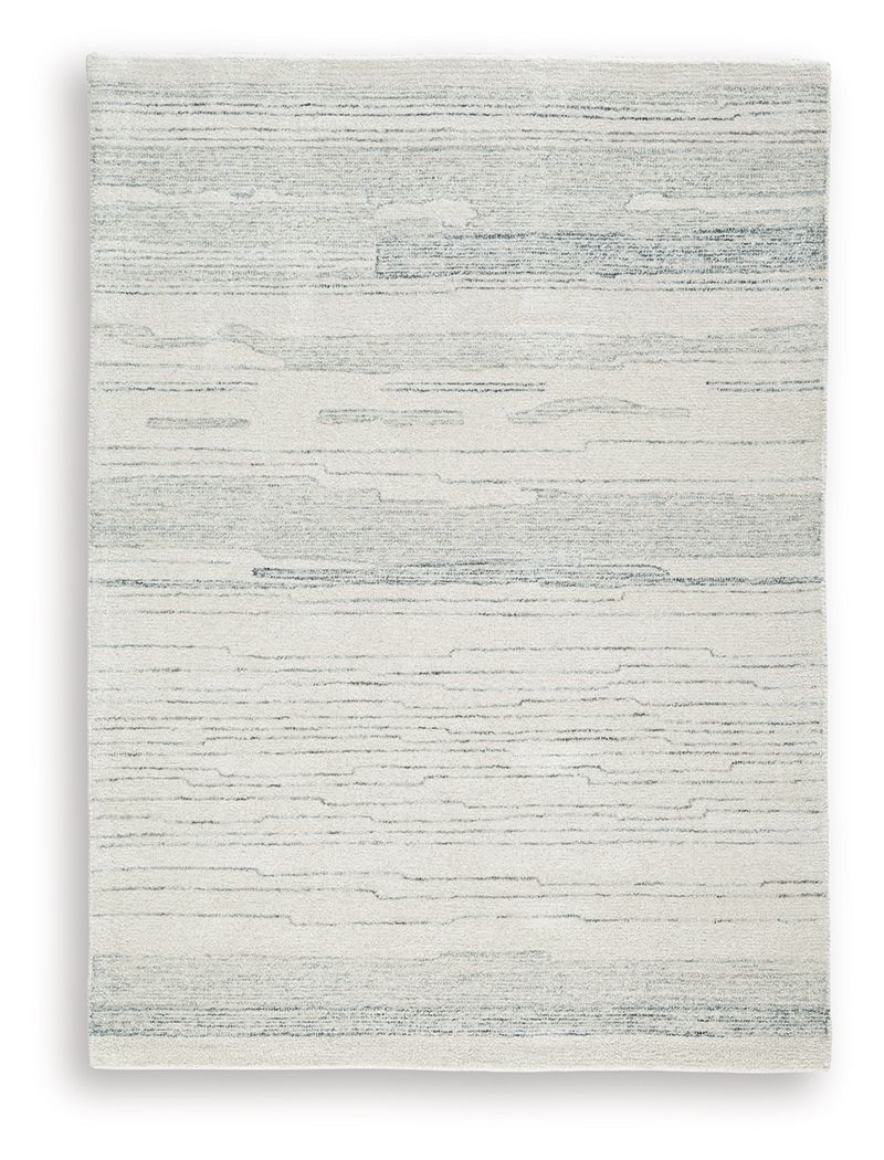 Light blue and white textured flatweave rug with horizontal linear design