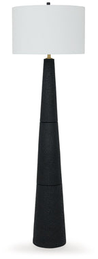 Black textured poly floor lamp with cylindrical shade and brass socket