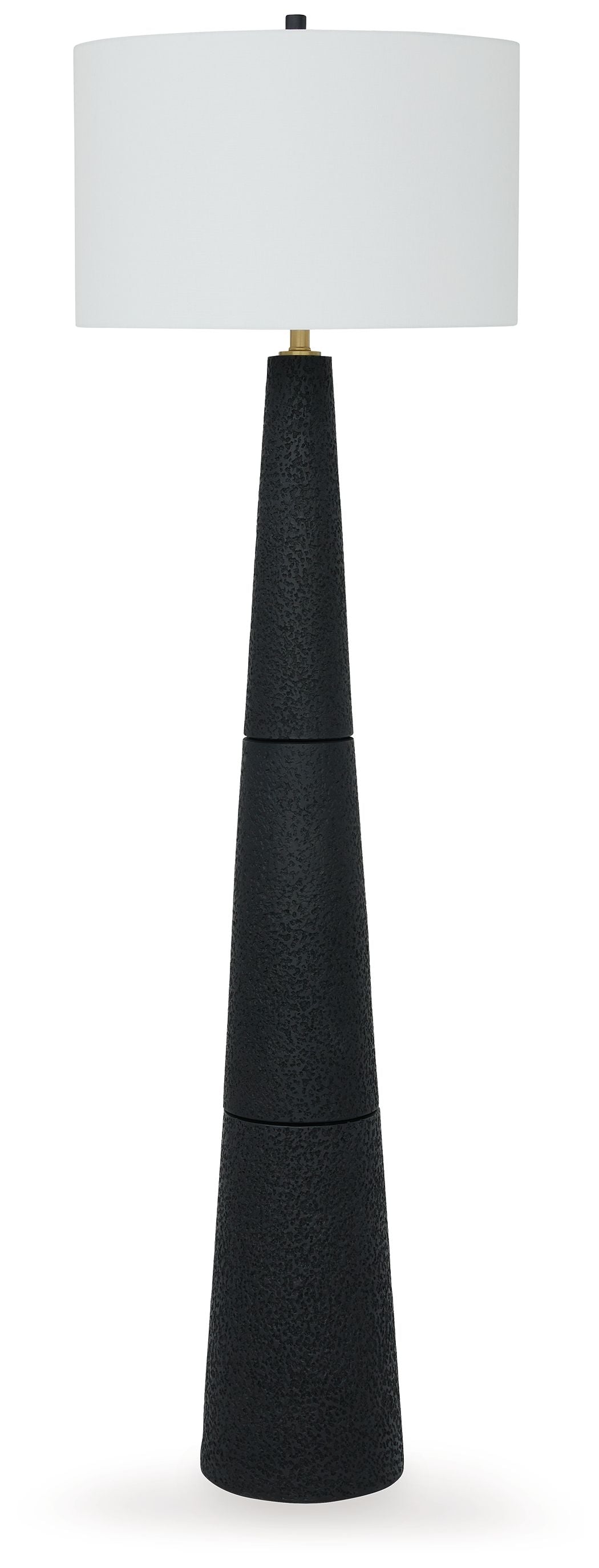 Black textured poly floor lamp with cylindrical shade and brass socket