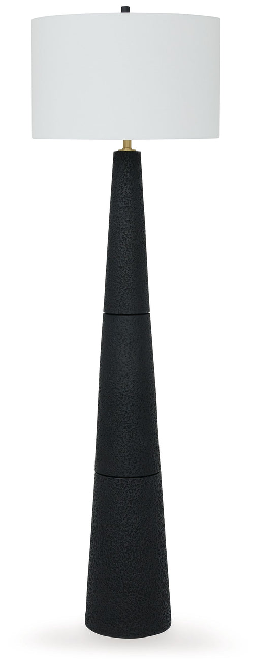 Black textured poly floor lamp with cylindrical shade and brass socket