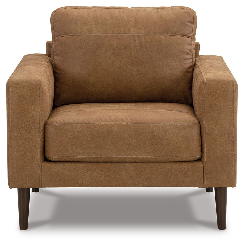 Caramel-brown upholstered accent chair front view with cushioned seat and backrest