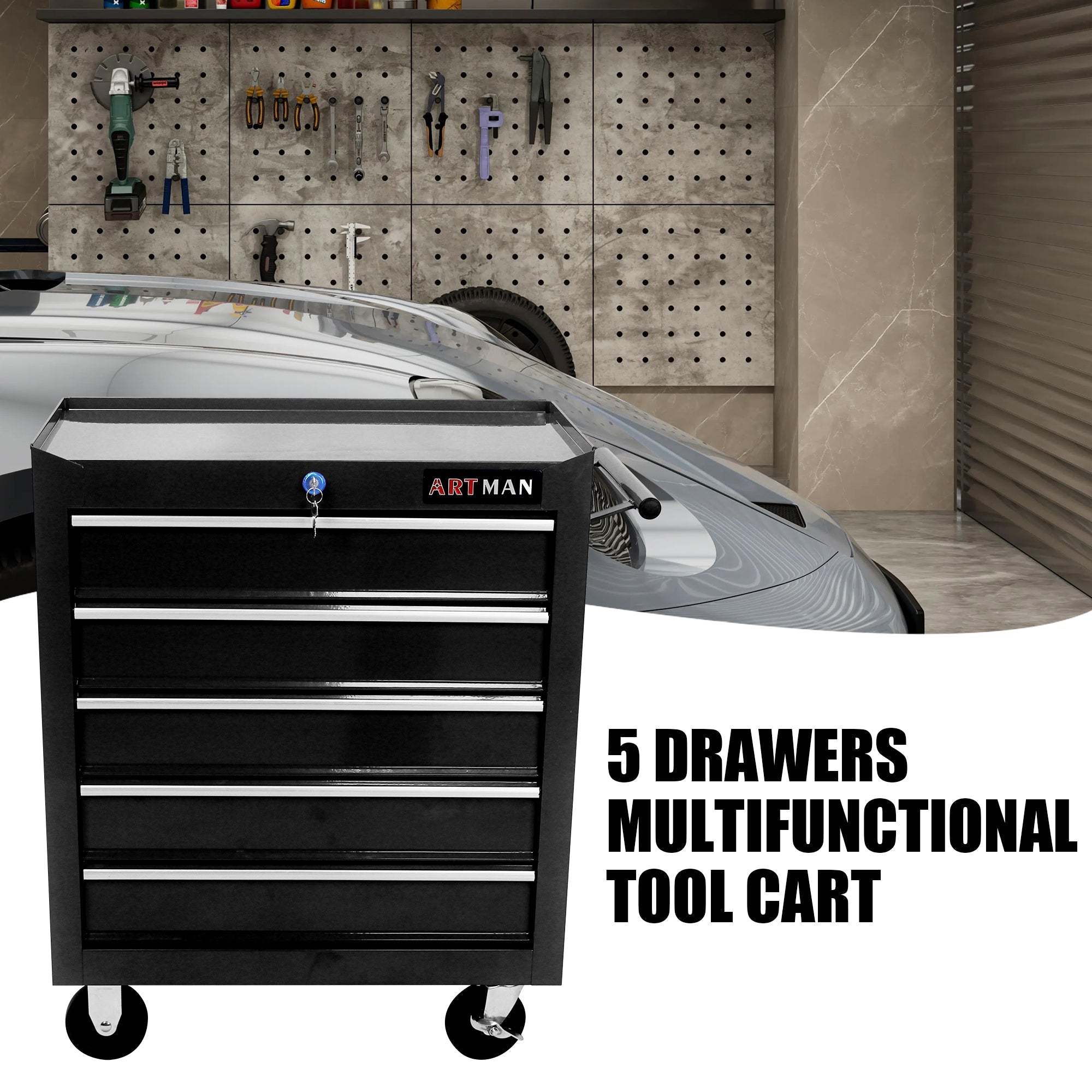 5-Drawer Multifunctional Tool Cart with Wheels - Black | Organize Tools Efficiently | Portable & Versatile