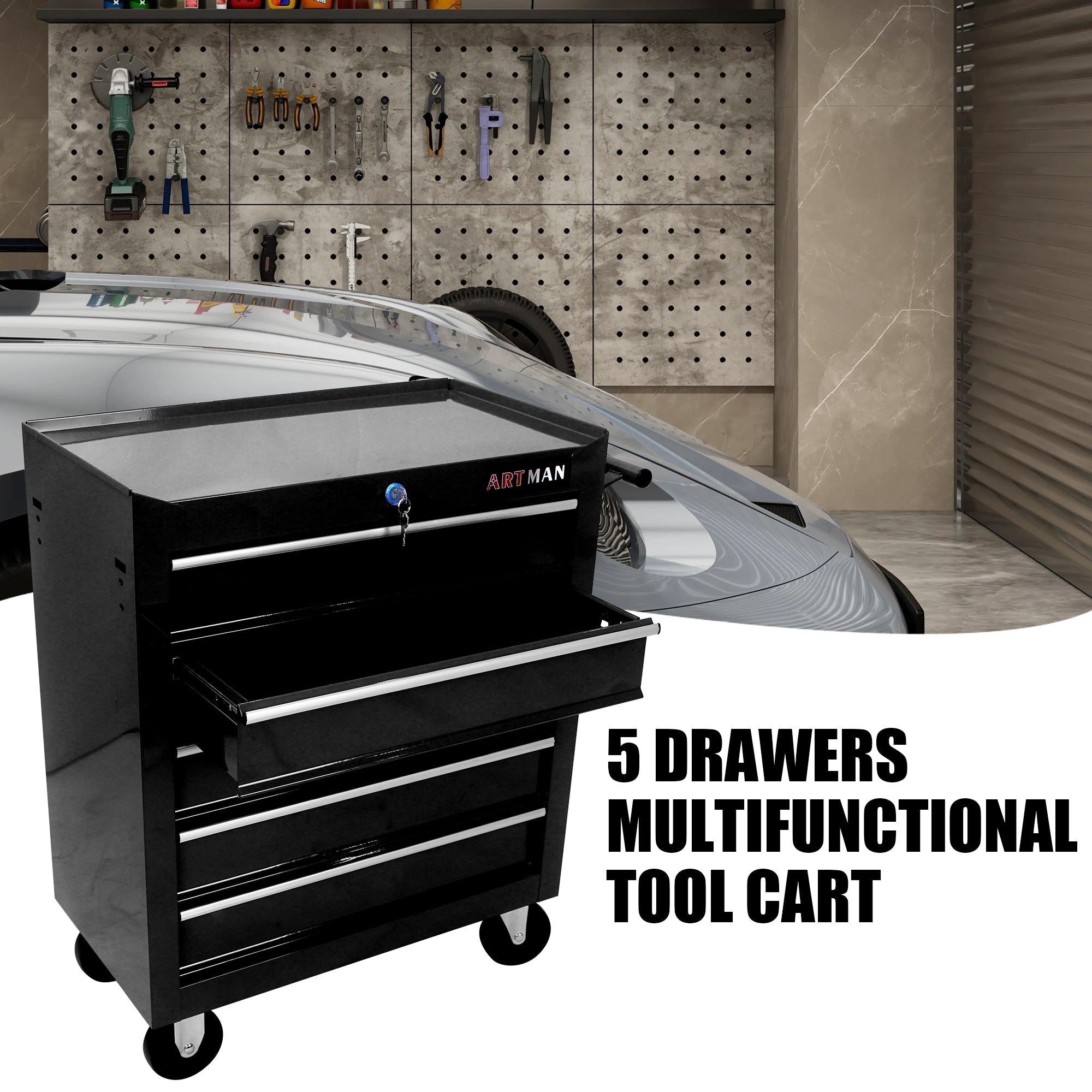 5-Drawer Multifunctional Tool Cart with Wheels - Black | Organize Tools Efficiently | Portable & Versatile