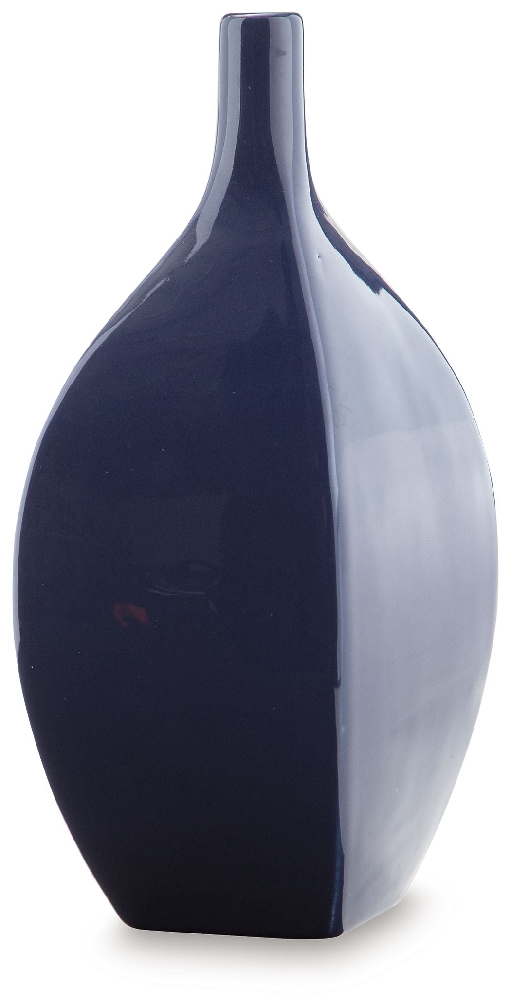 Blue ceramic vase with glossy dark-blue body and narrow neck, teardrop shape