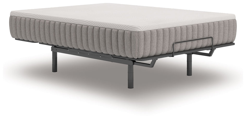 Medium mattress with gray ribbed sides on a black adjustable base