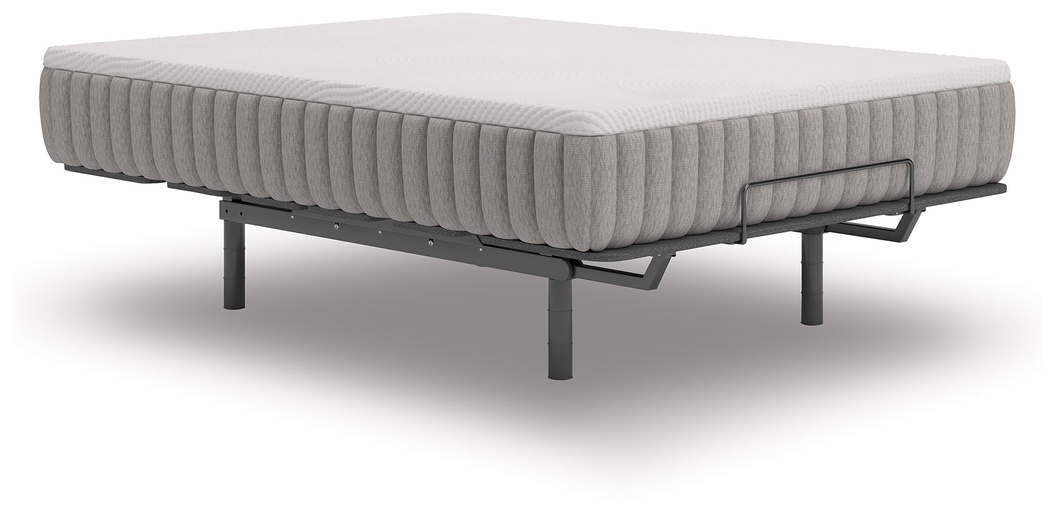 Medium mattress with gray ribbed sides on a black adjustable base