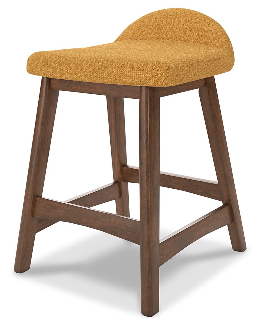 Upholstered barstool with curved tan seat and back, warm wood legs