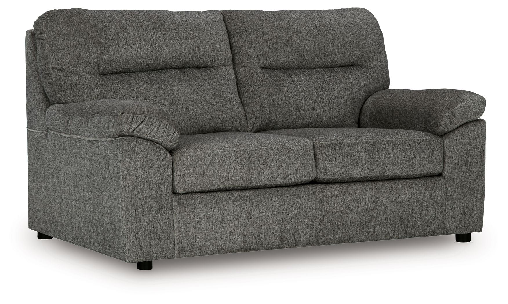 Dark gray fabric loveseat with rolled arms, two seat cushions, and tufted back