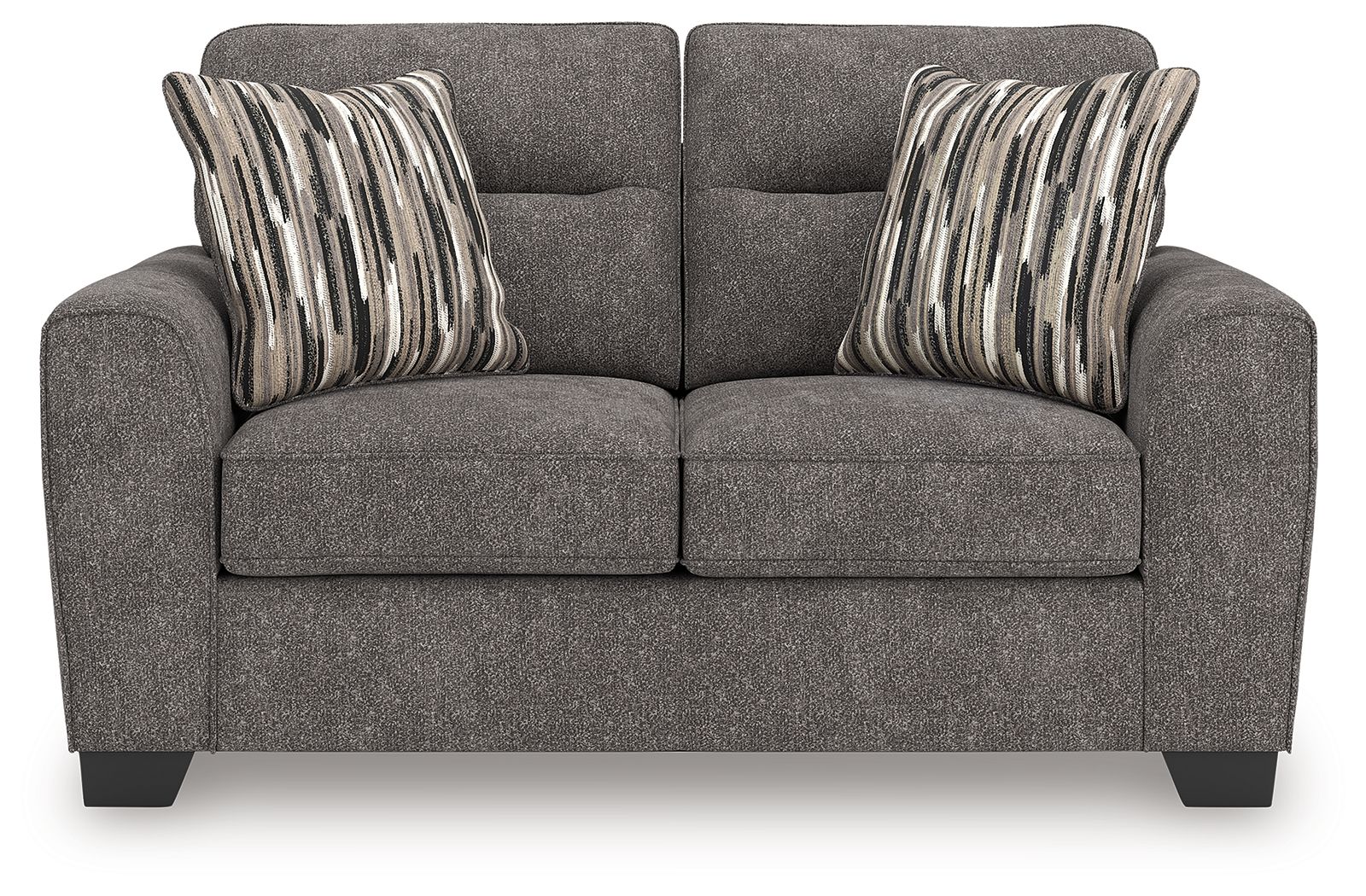 Dark gray upholstered loveseat with two seat cushions and front panel seams