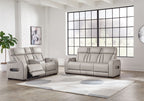 Gray reclining sofa and recliner set with quilted seats and padded armrest panels