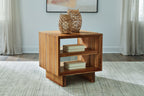 Square wooden end table with two open shelves, designed for display and storage